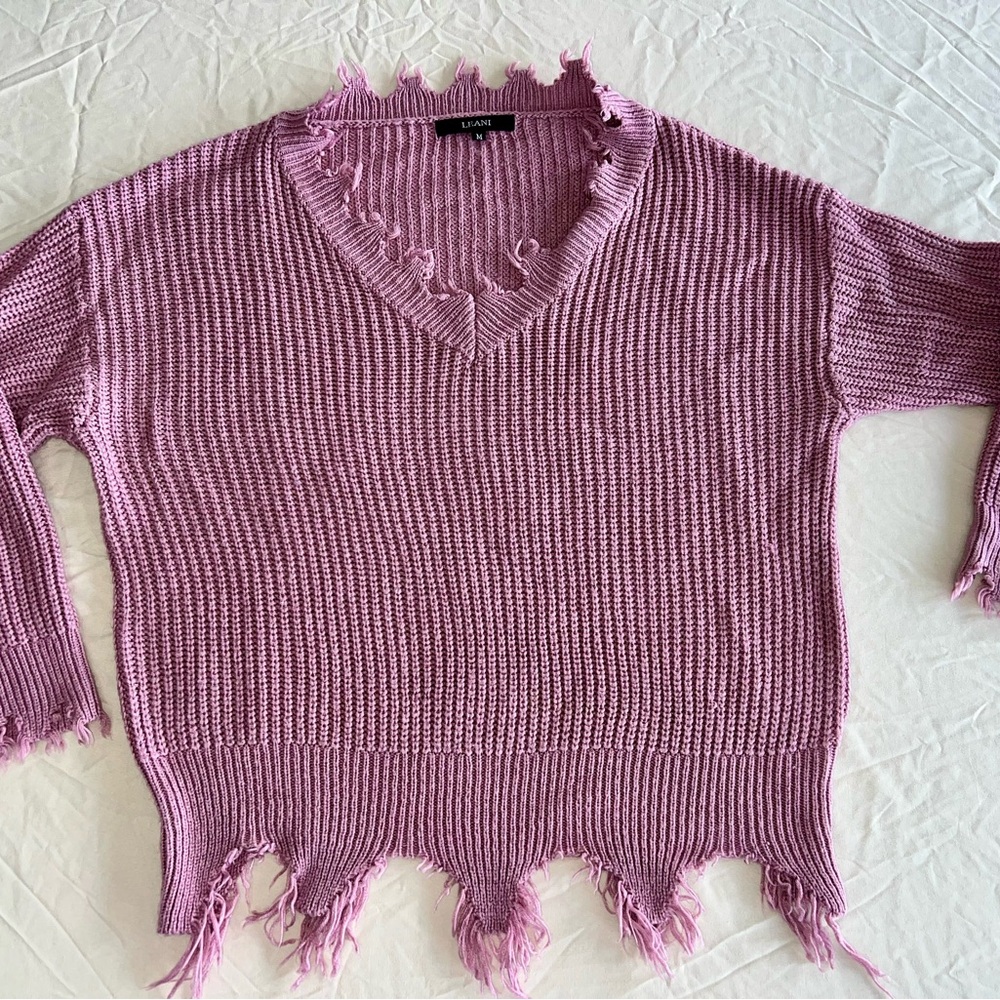 Purple V-Neck Sweater with Ribbed Knit and Distressed Hem